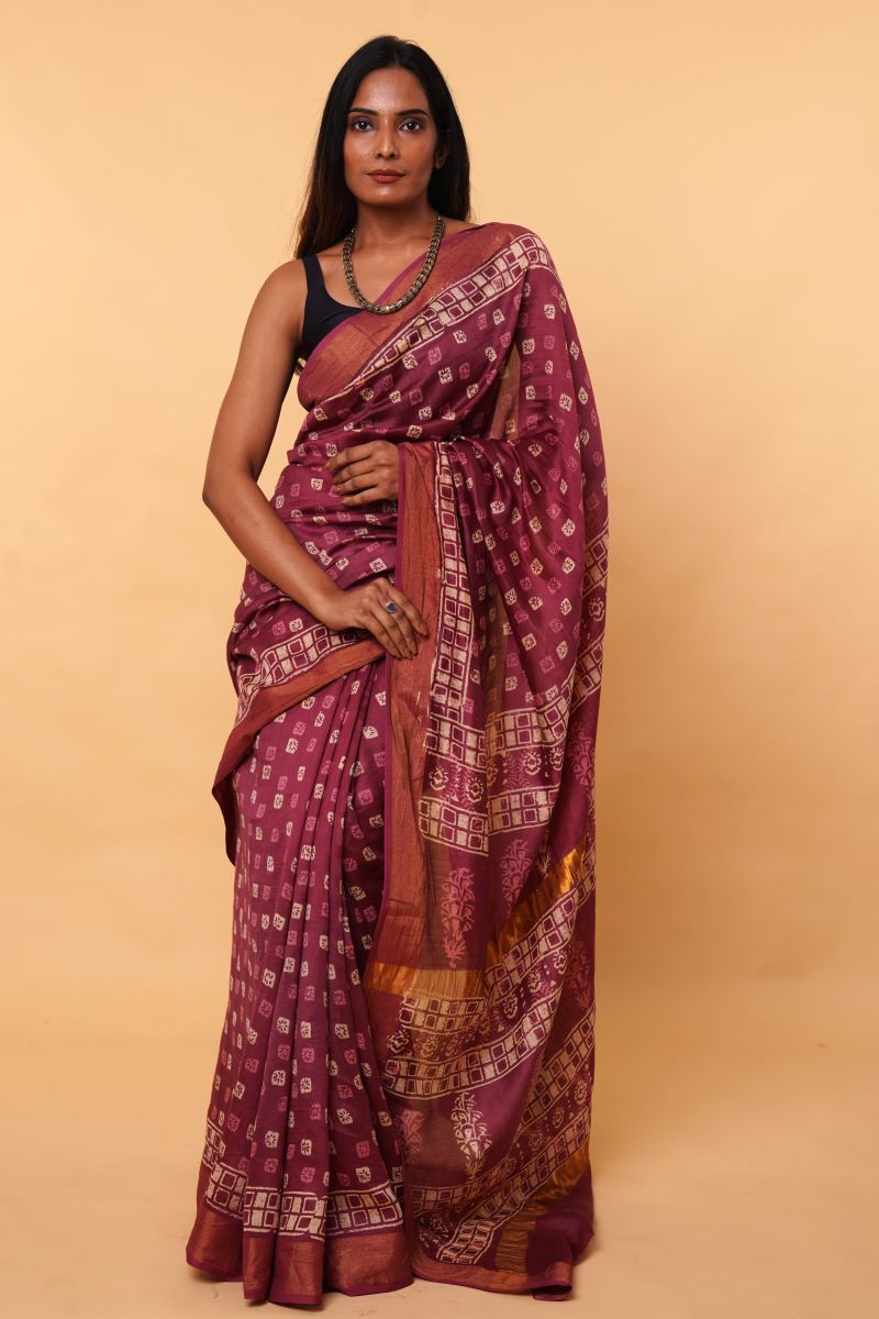 Dabu Hand Block Print Chanderi Silk Saree