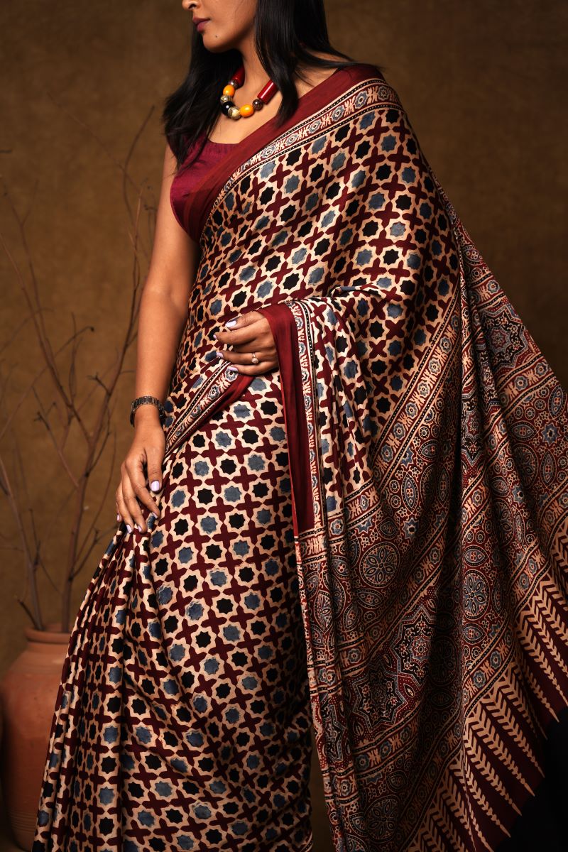 Maroon Modal Silk Ajrakh Saree