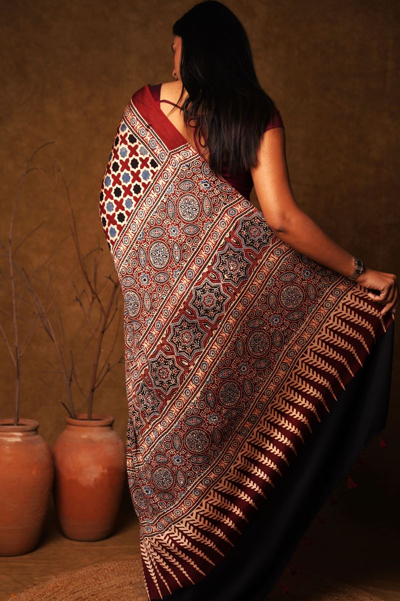 Maroon Ajrakh Modal Silk Saree