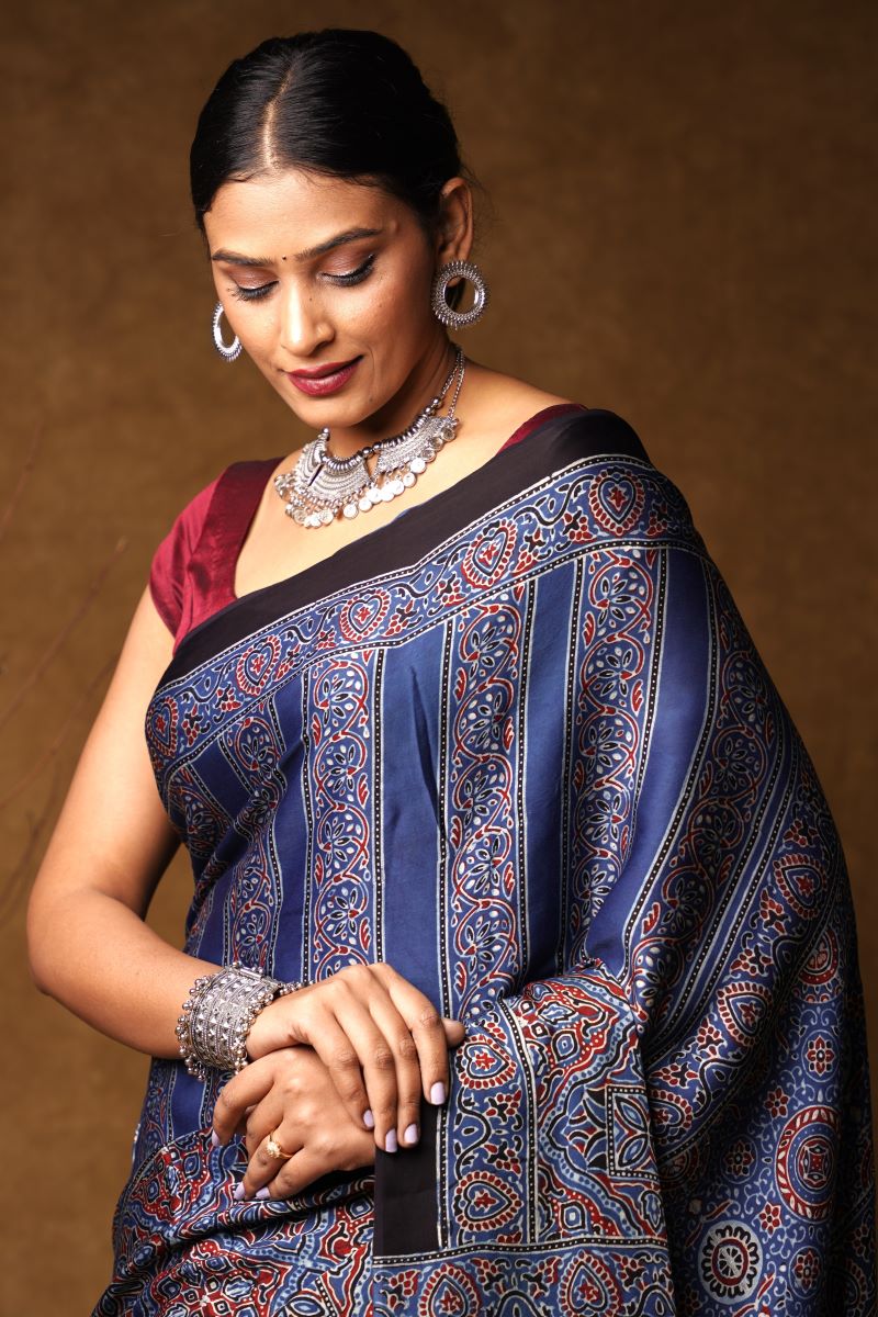 Indigo Stria Ajrakh Modal Silk Saree