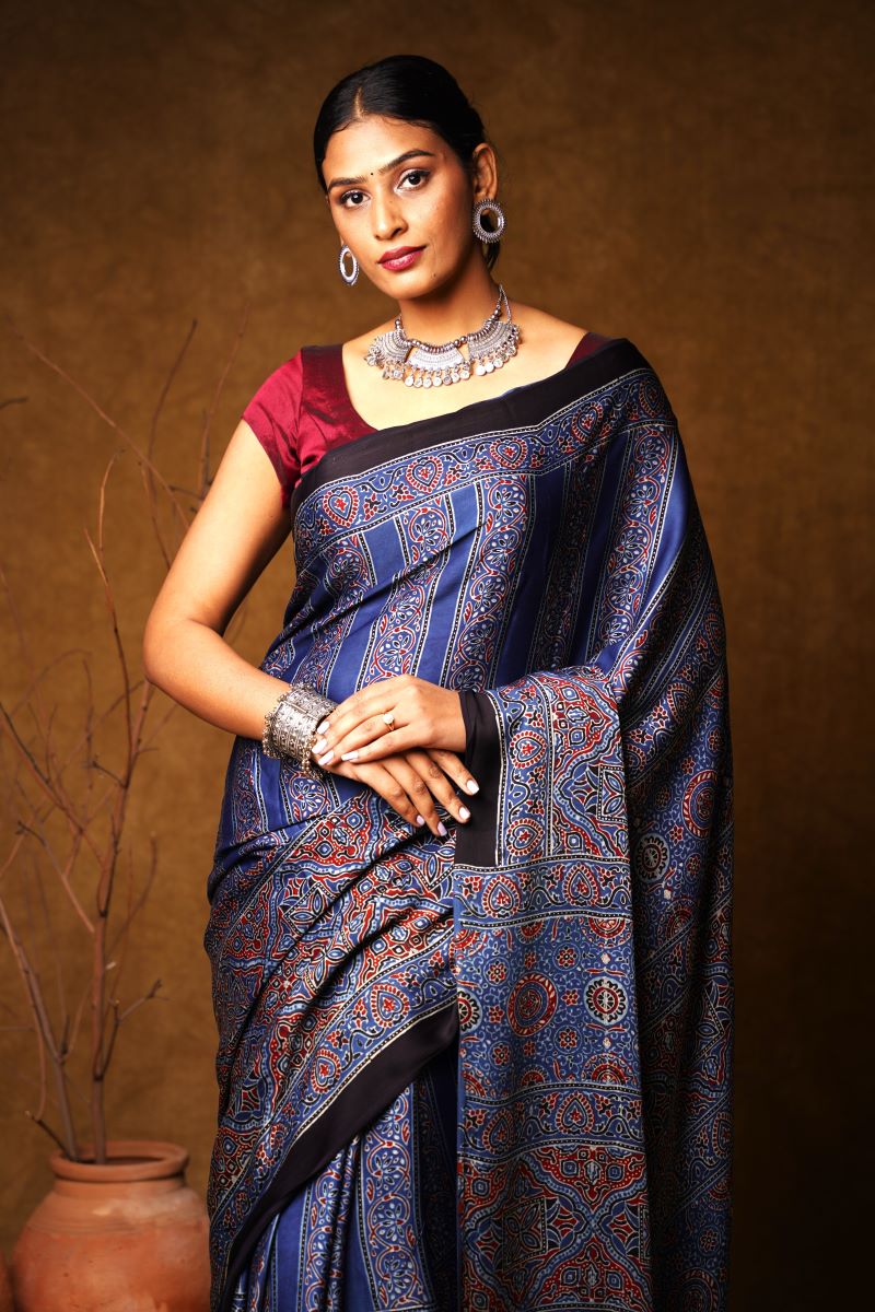 Indigo Stria Ajrakh Modal Silk Saree