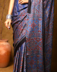 Indigo Stria Ajrakh Modal Silk Saree