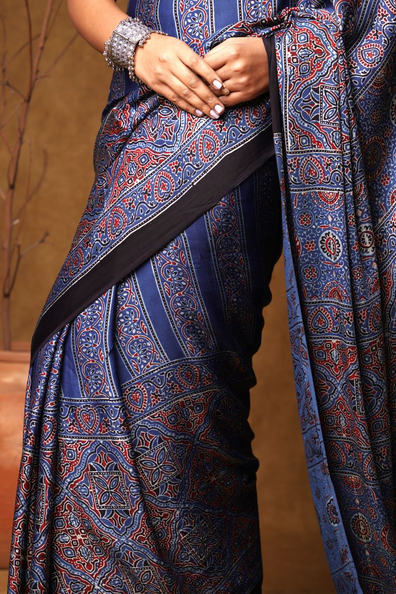 Indigo Stria Ajrakh Modal Silk Saree