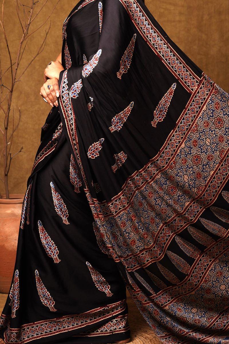 Black Pine Ajrakh Modal Silk Saree