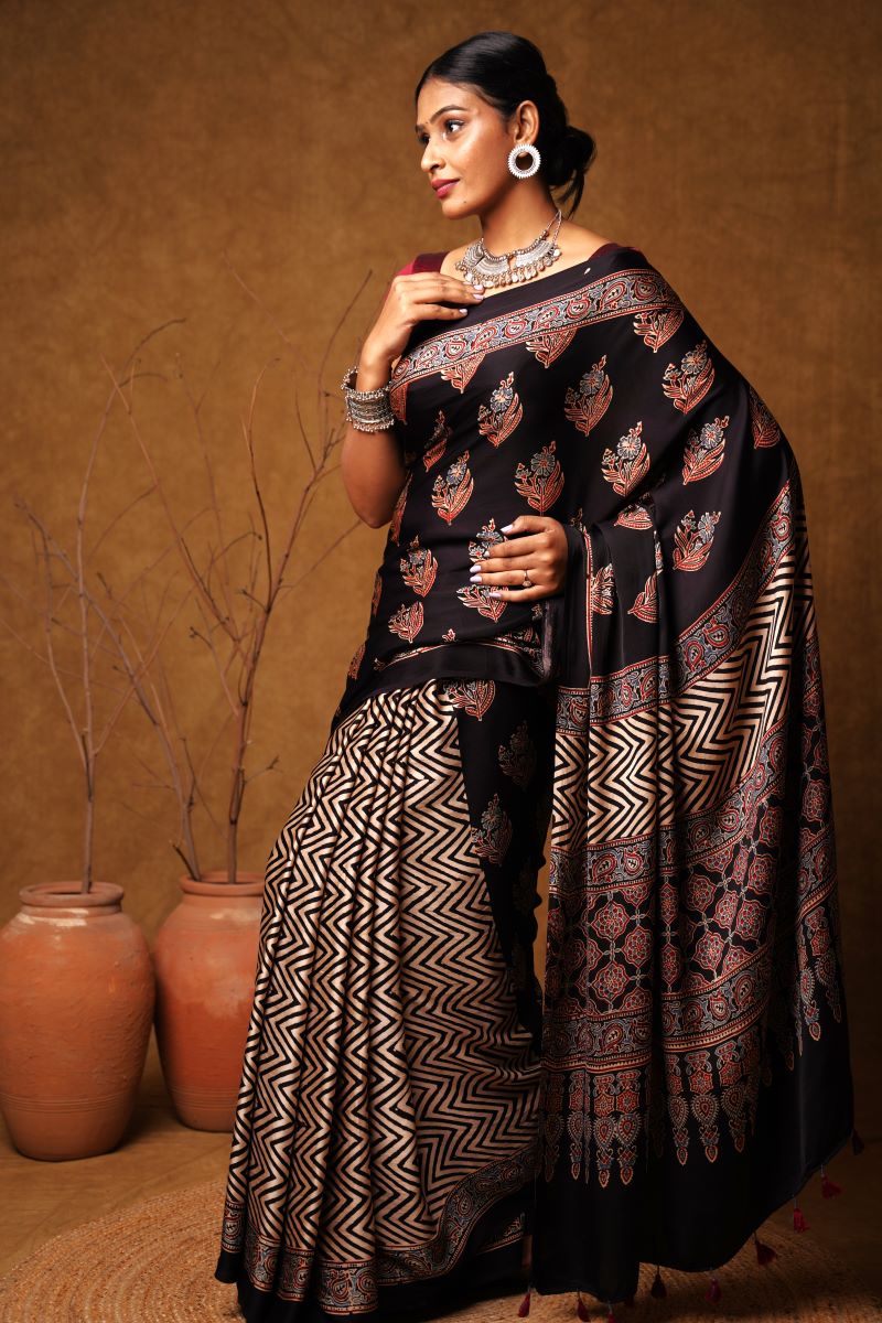 Black Modal Silk Ajrakh Saree