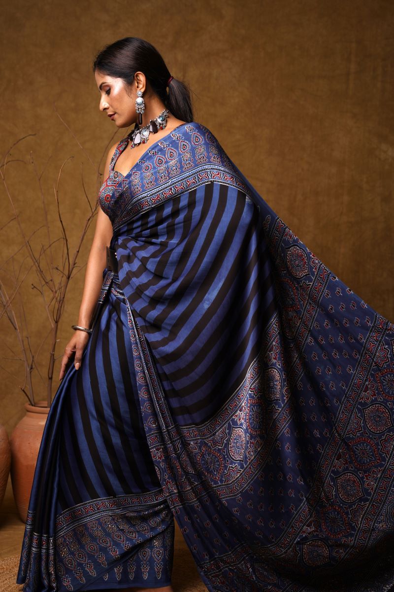 Blue Ajrakh Modal Silk Saree