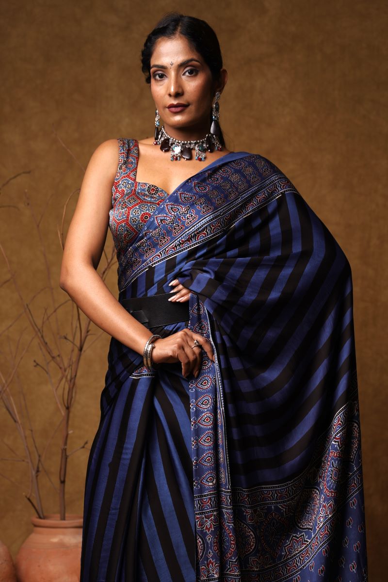 Blue Ajrakh Silk Saree