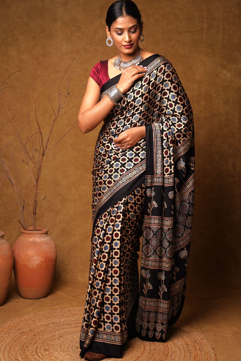 Black Ajrakh Modal Silk Saree