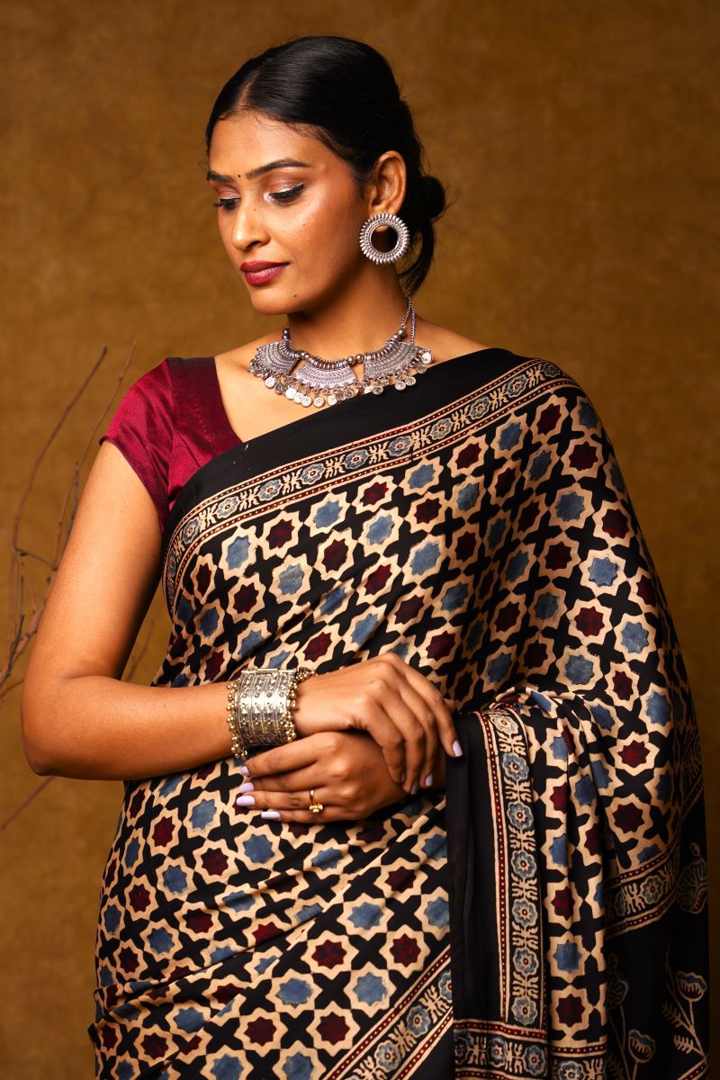 Ajrakh Modal Silk Saree