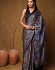 Blue Minkundi Ajrakh Modal Silk Saree