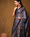 Blue Minkundi Ajrakh Modal Silk Saree