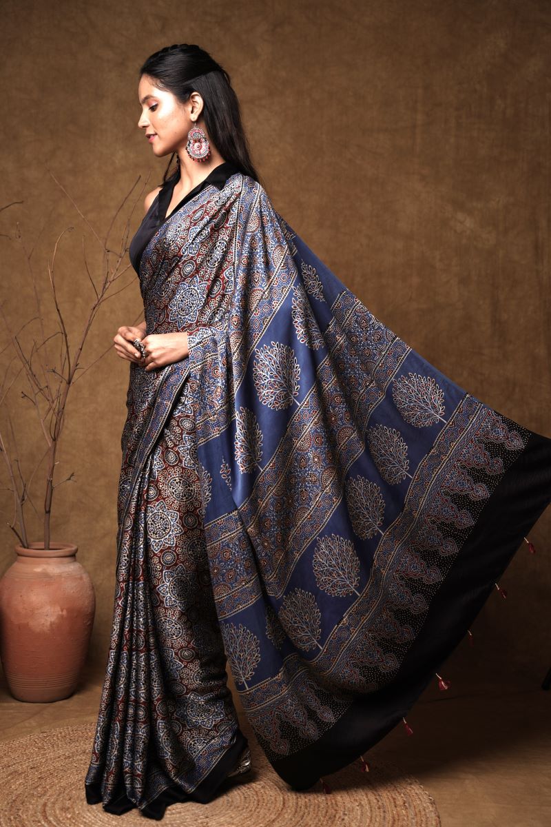 Blue Minkundi Ajrakh Modal Silk Saree