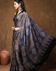 Blue Minkundi Ajrakh Modal Silk Saree