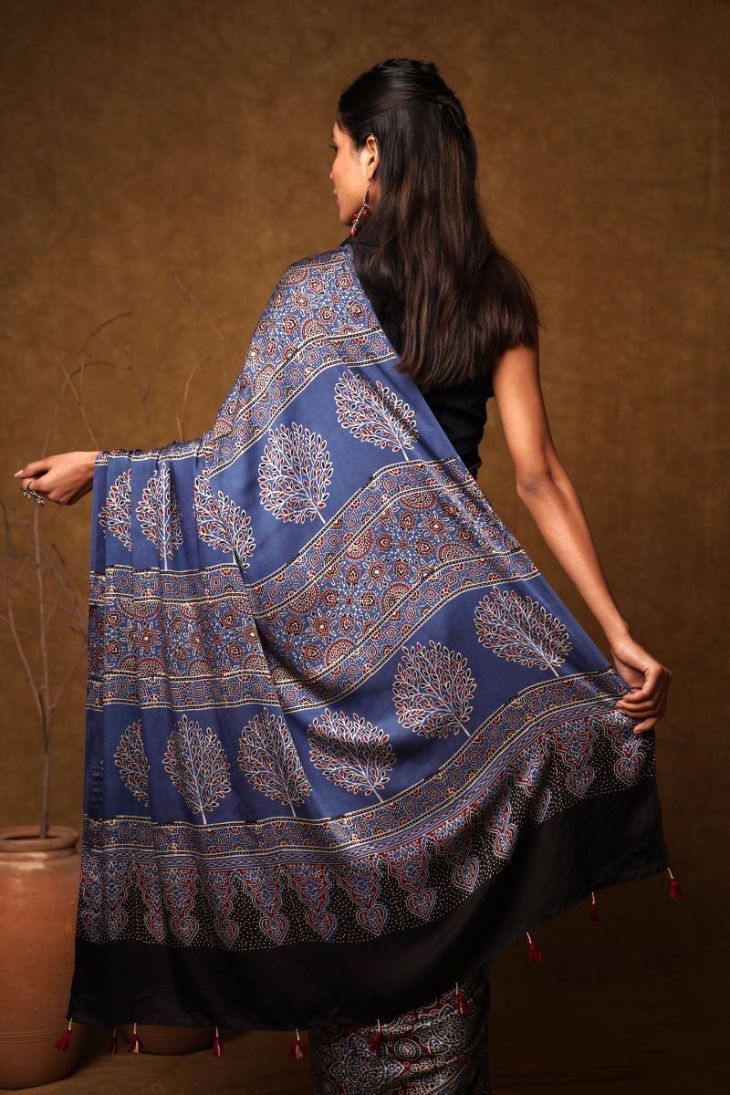 Blue Minkundi Ajrakh Modal Silk Saree