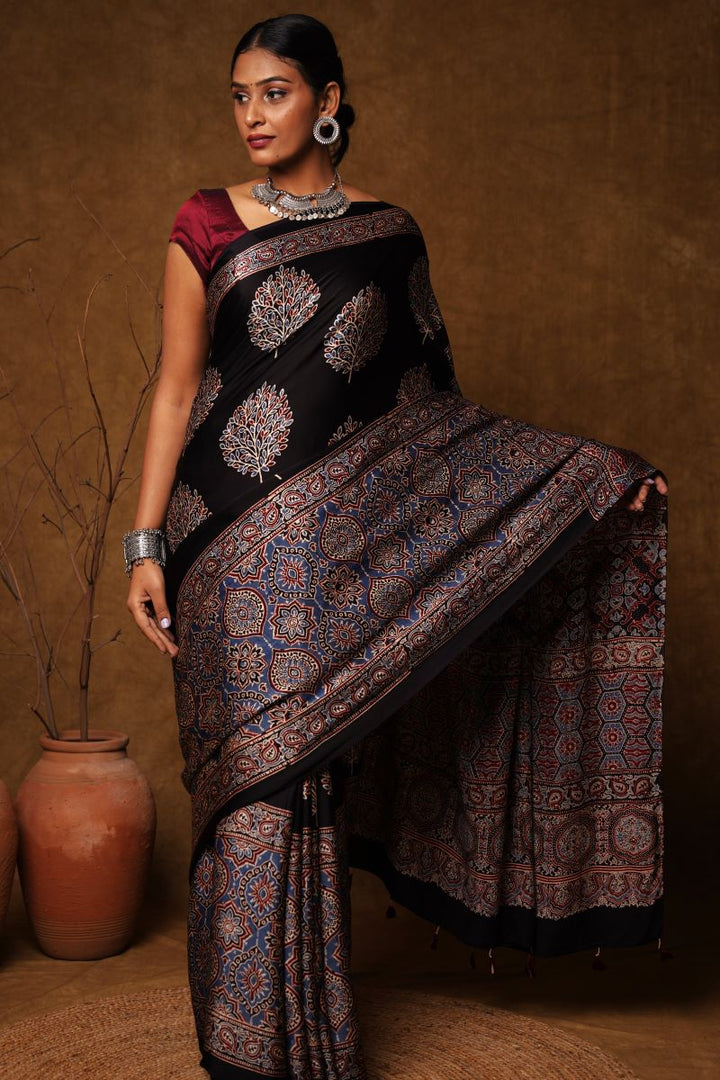 Black Grove String Ajrakh Modal Silk Saree