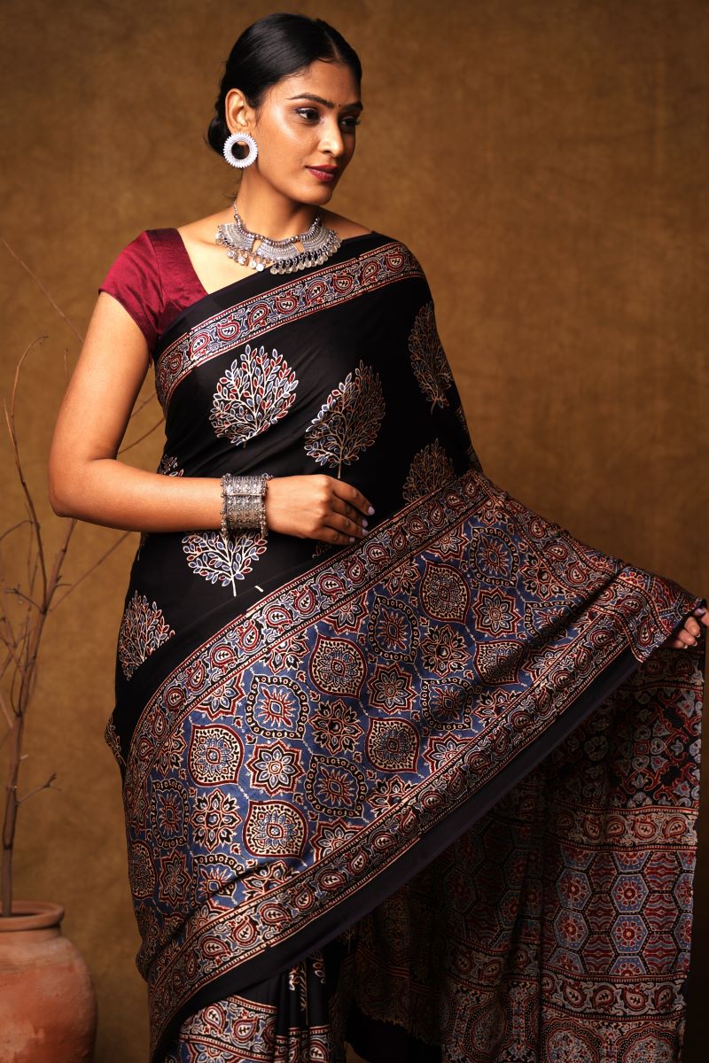 Black Grove String Ajrakh Modal Silk Saree