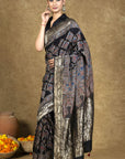 Black Beetel Ajrakh Dola Silk Saree