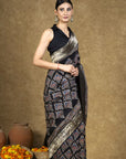 Black Beetel Ajrakh Dola Silk Saree