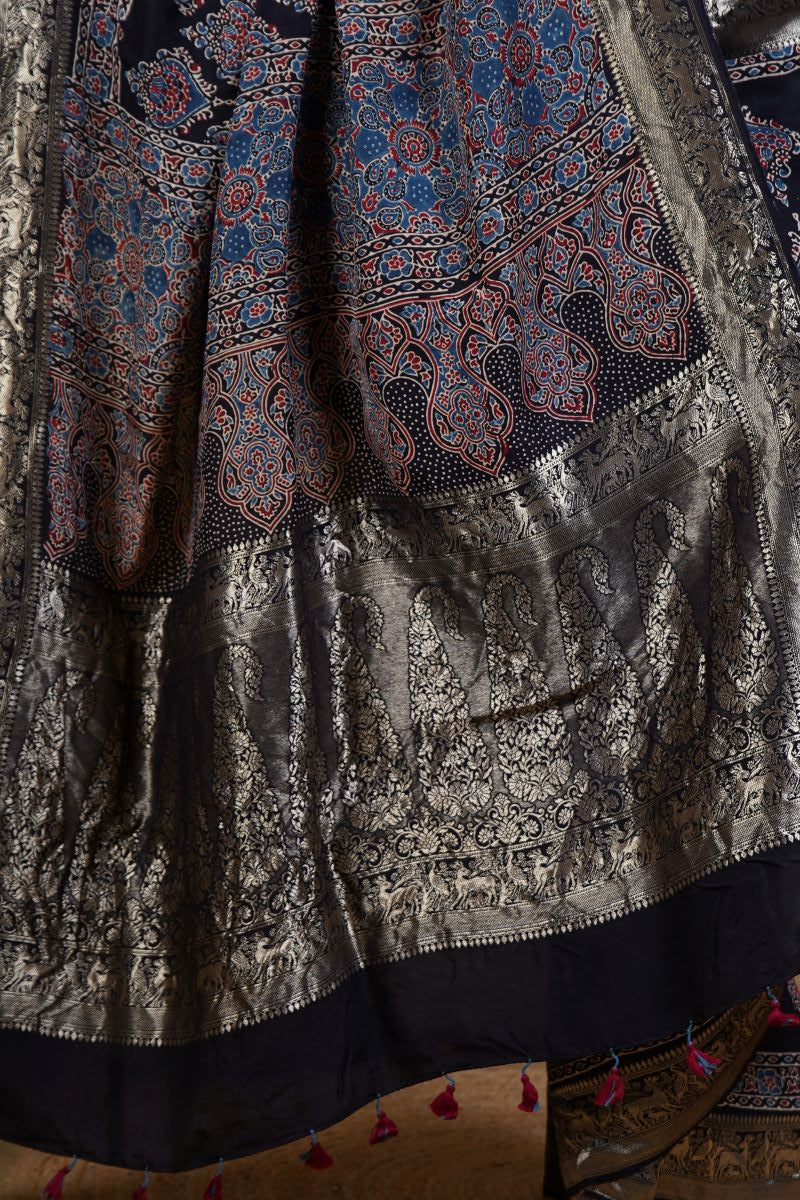 Black Beetel Ajrakh Dola Silk Saree