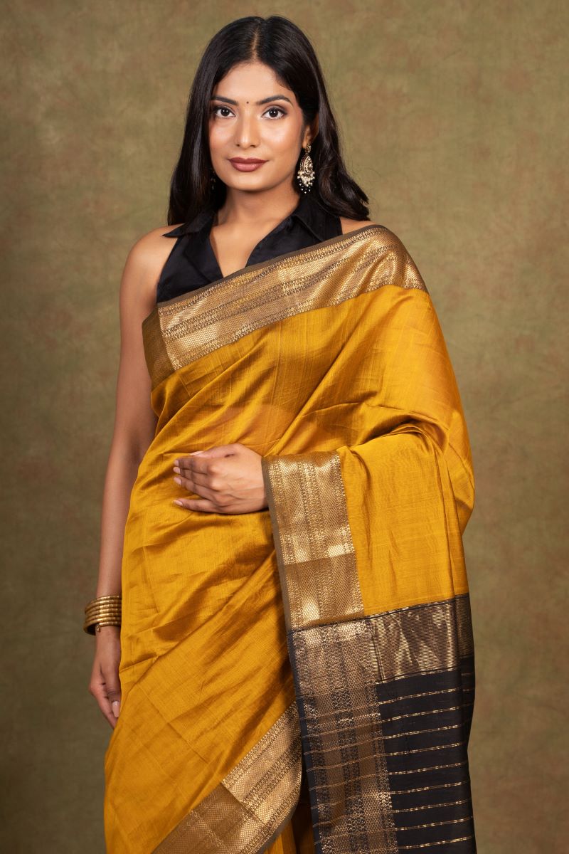 Mustard Maheshwari Silk Saree