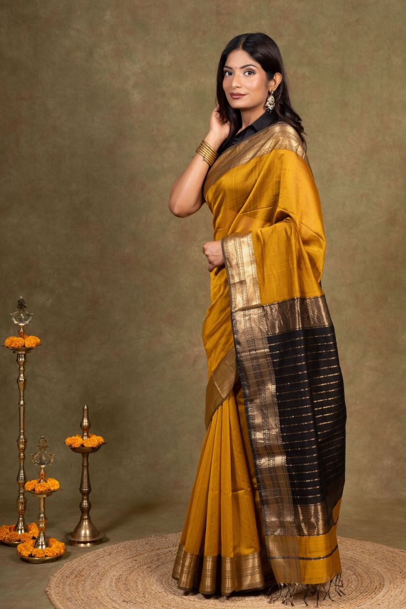 Mustard Maheshwari Cotton Silk Saree