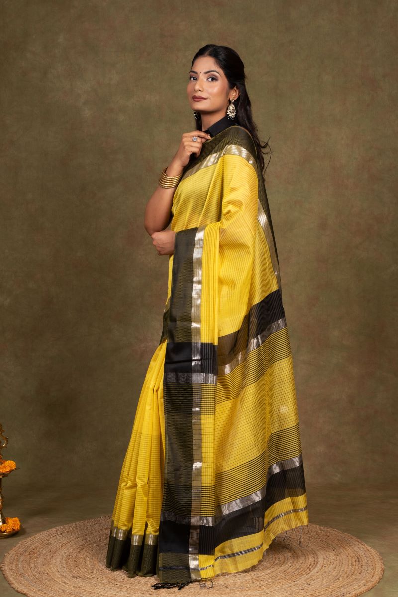 Yellow Maheshwari Cotton Silk Saree