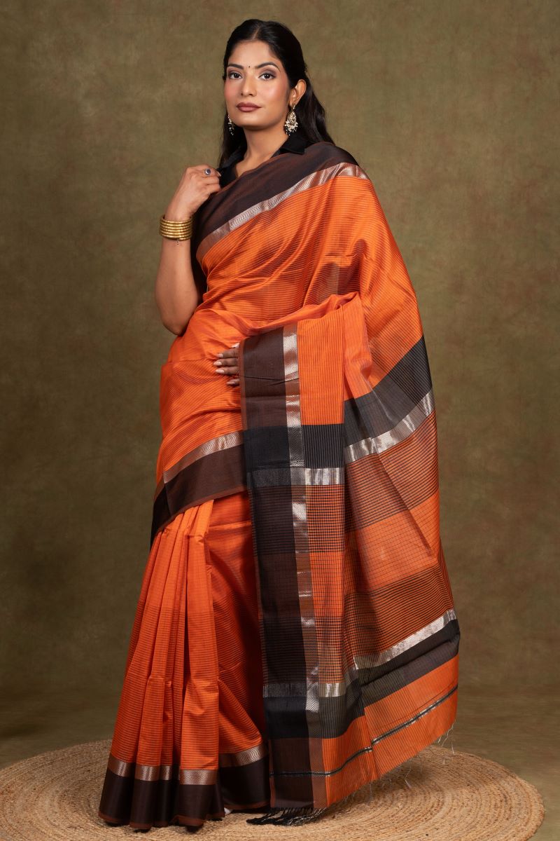 Orange Maheshwari Cotton Silk Saree