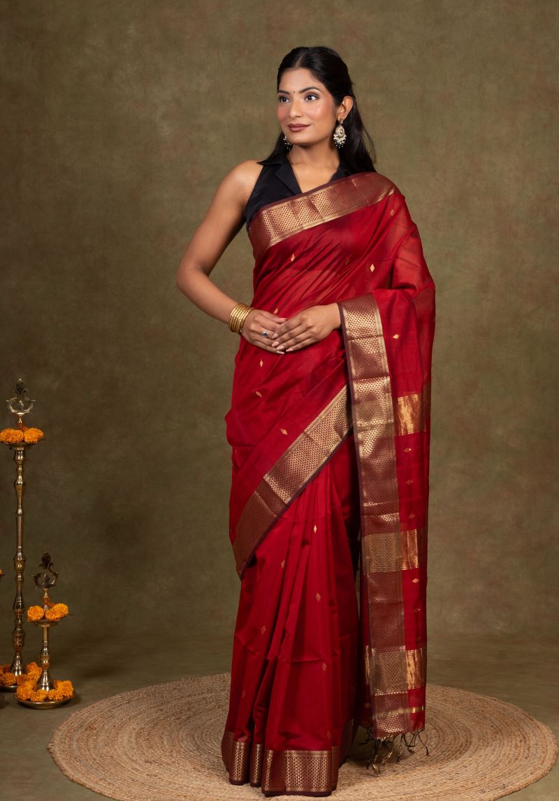 Crimson Gold Maheshwari Silk Saree