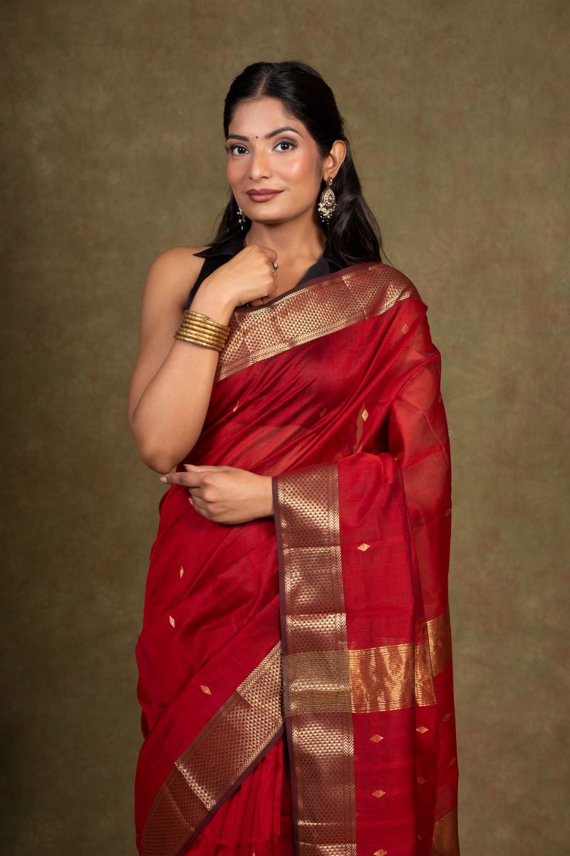 Crimson Gold Maheshwari Silk Saree