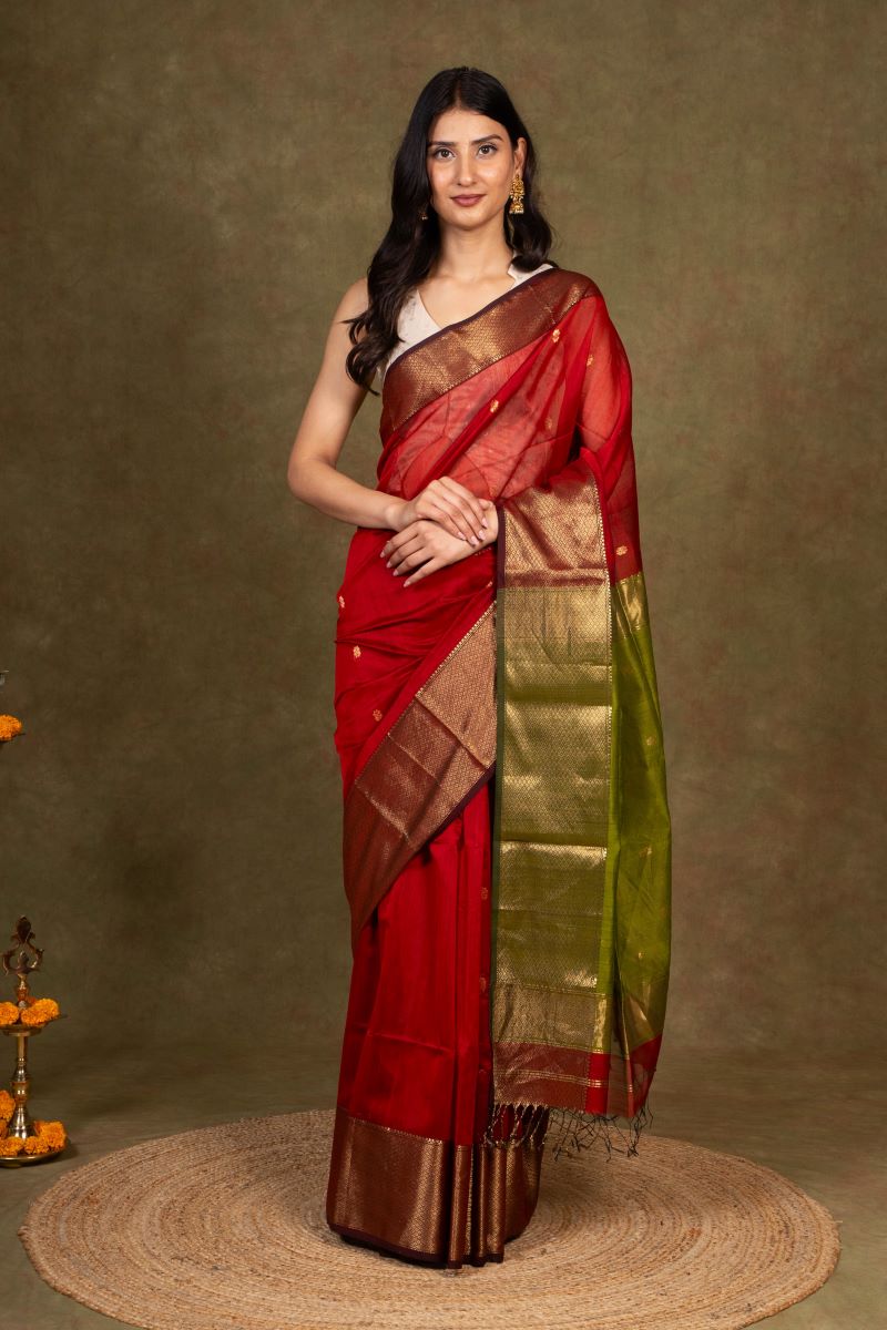 Red Maheshwari Cotton Silk Saree