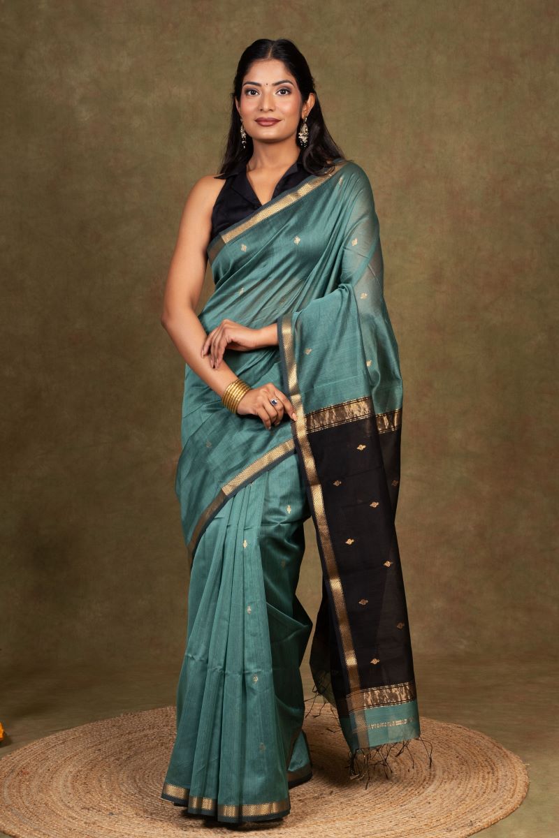 Pine Teal Maheshwari Cotton Silk Saree