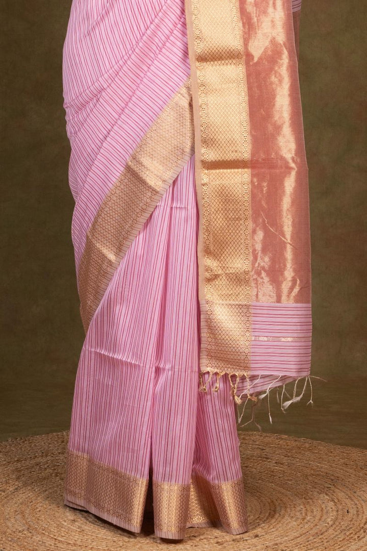 Lilac Stripes Zari Border Maheshwari Silk Saree