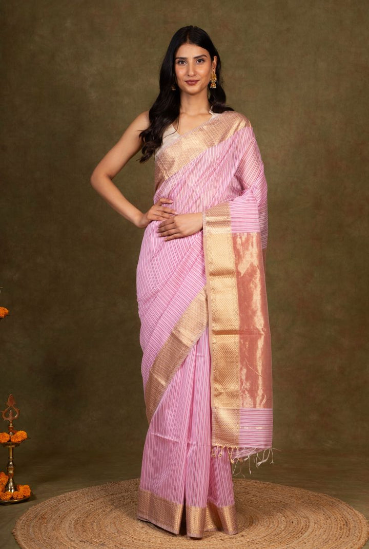 Lilac Stripes Zari Border Maheshwari Silk Saree