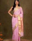 Lilac Stripes Zari Border Maheshwari Silk Saree