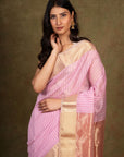 Lilac Stripes Zari Border Maheshwari Silk Saree