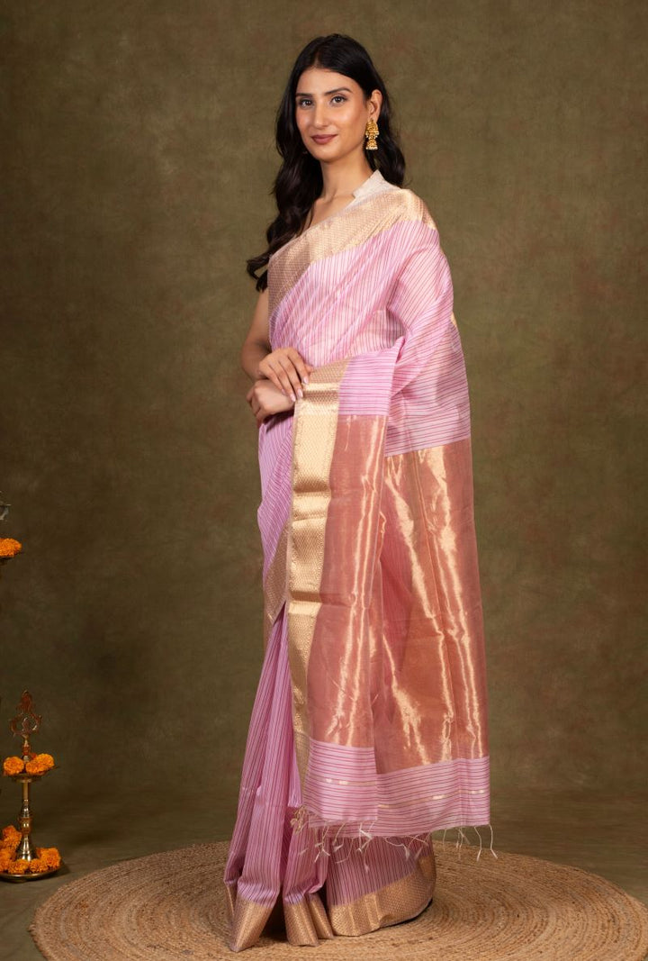 Lilac Stripes Zari Border Maheshwari Silk Saree