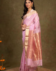 Lilac Stripes Zari Border Maheshwari Silk Saree