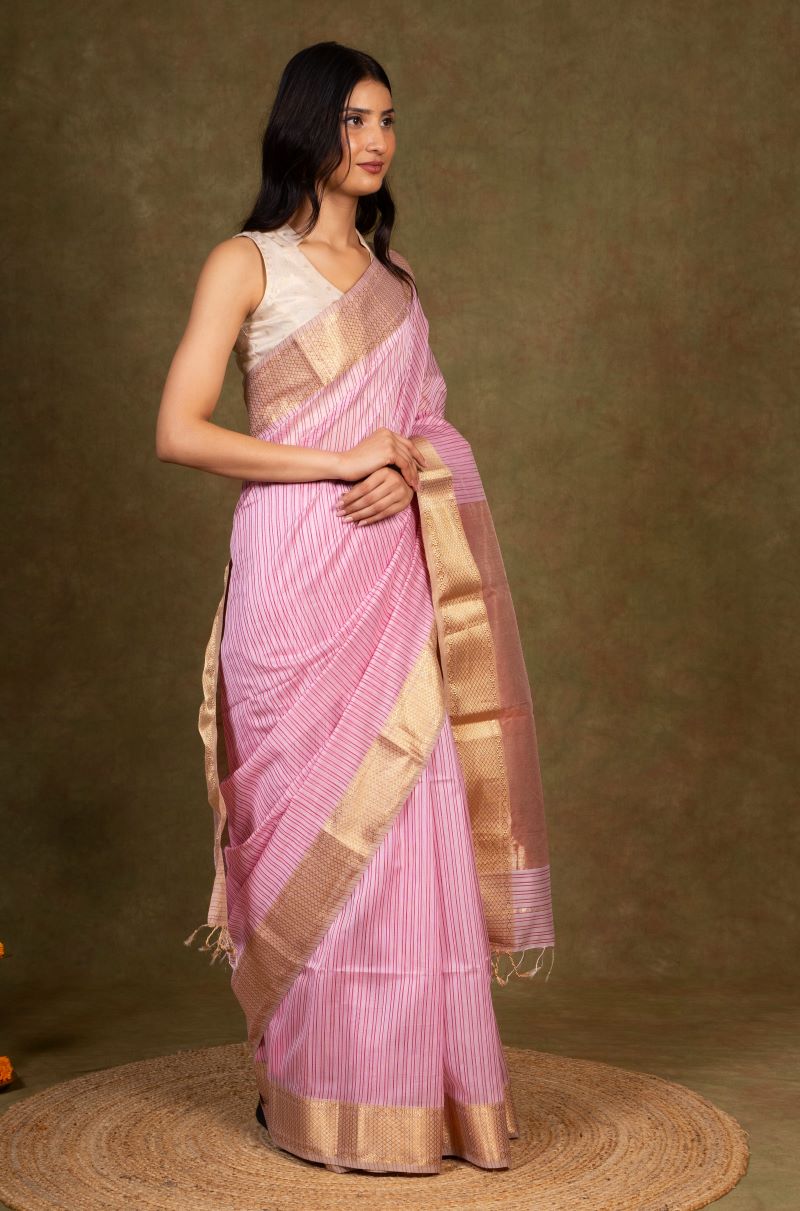 Lilac Stripes Zari Border Maheshwari Silk Saree