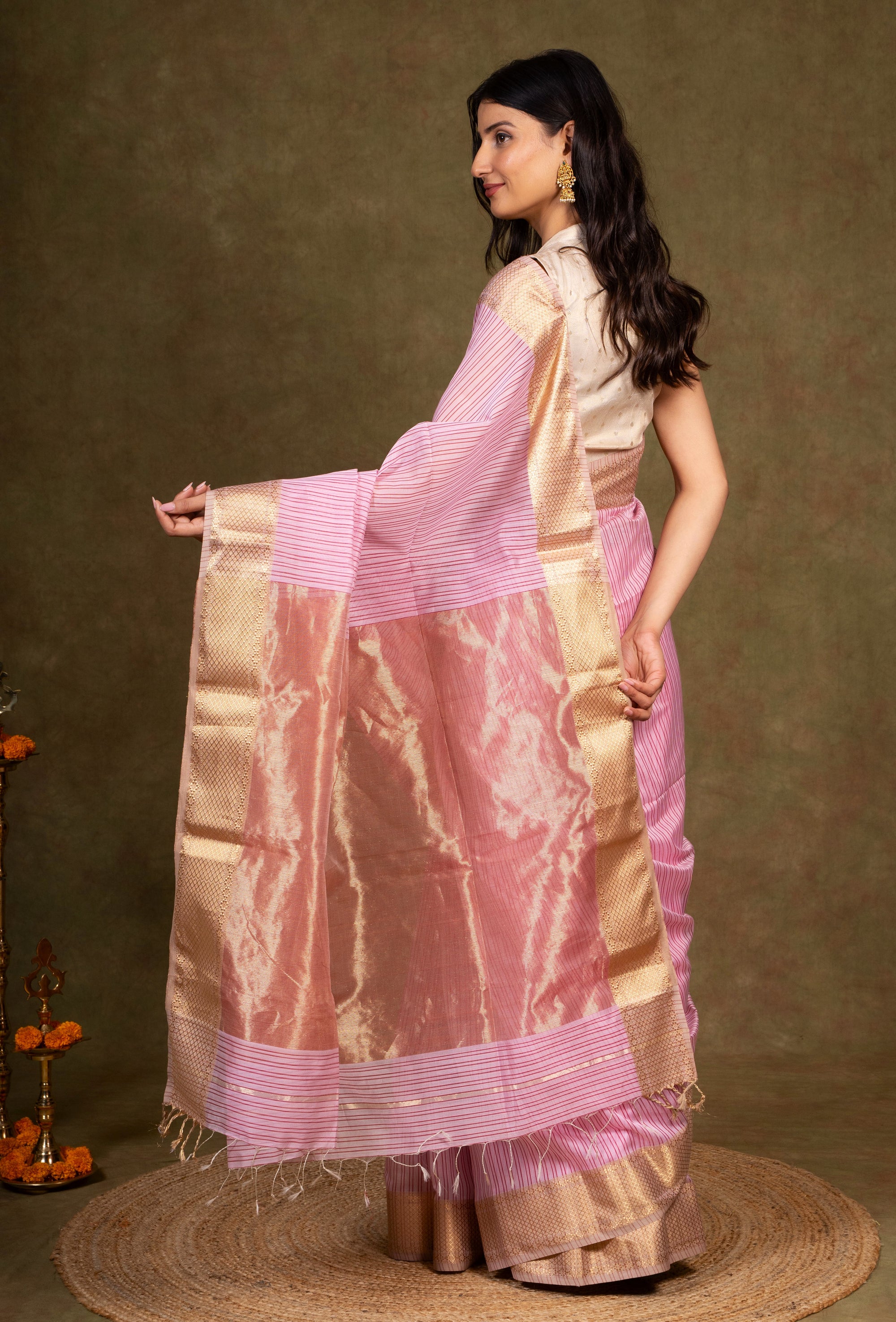 Lilac Stripes Zari Border Maheshwari Silk Saree