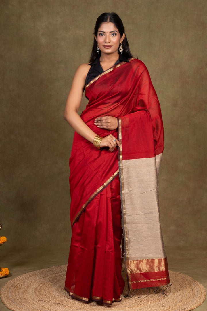 Maheshwari Cotton Silk Saree – Crimson Red