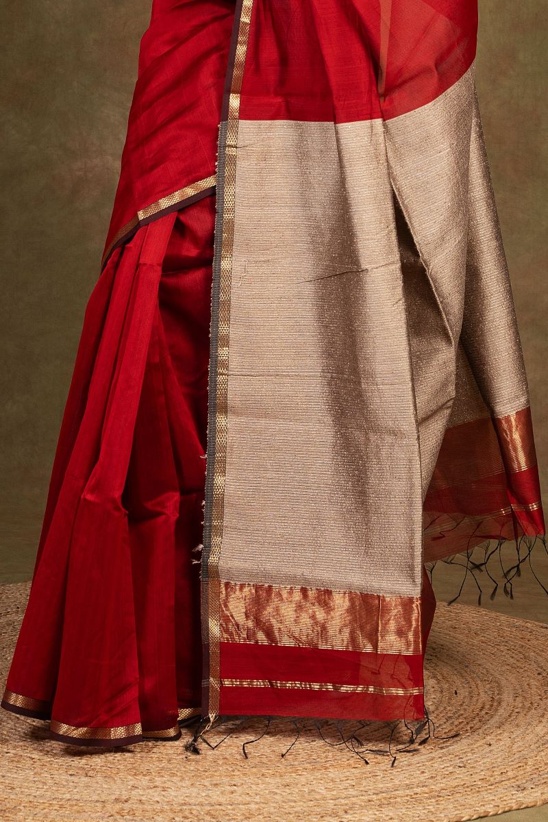 Crimson Ghicha Bliss Maheshwari Silk Saree