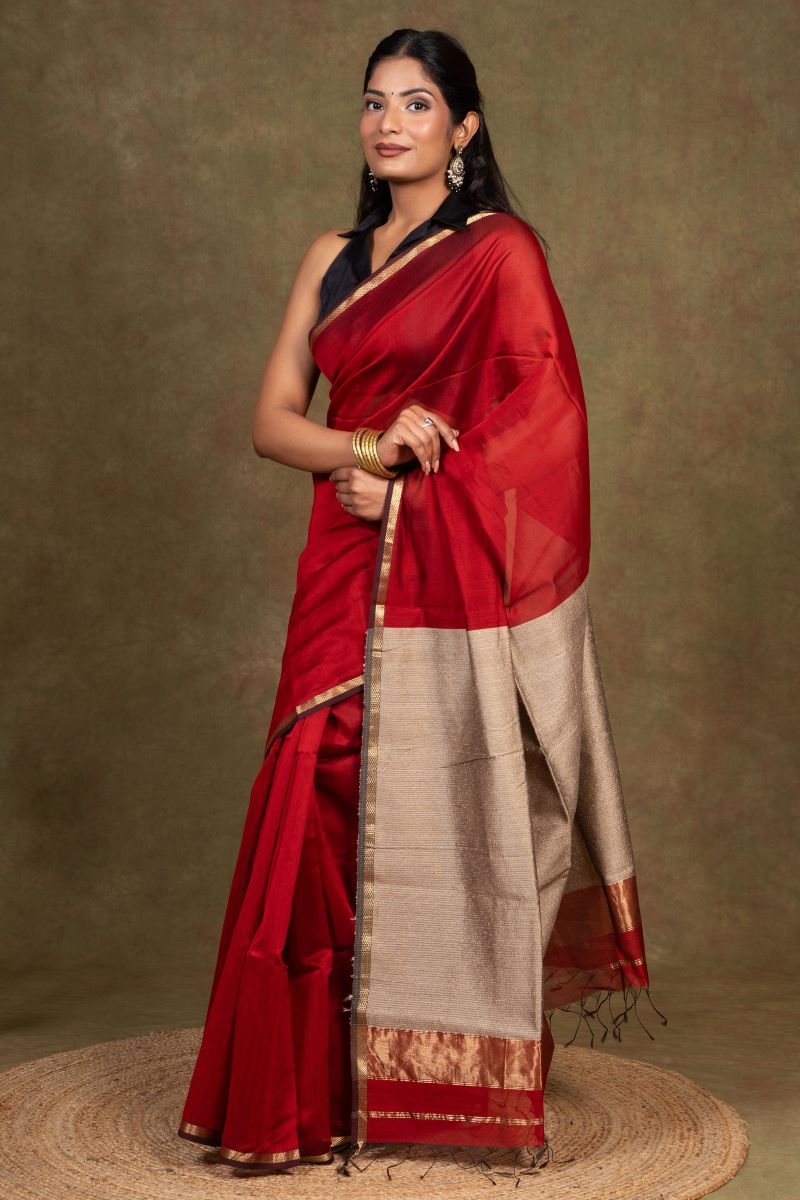 Red Maheshwari Cotton Silk Saree