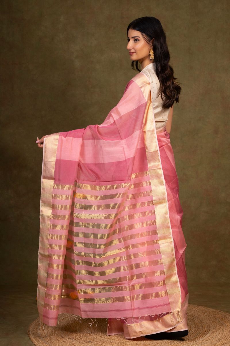 Petal Rouge Zari Border Maheshwari Silk Saree