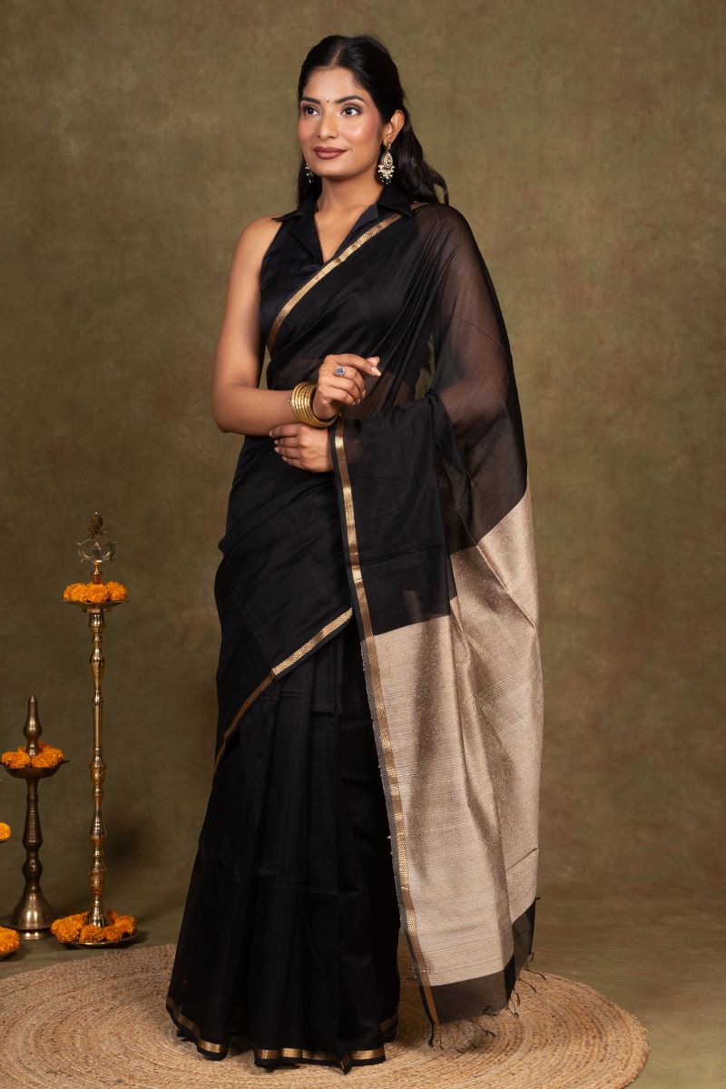 Black Maheshwari Cotton Silk Saree