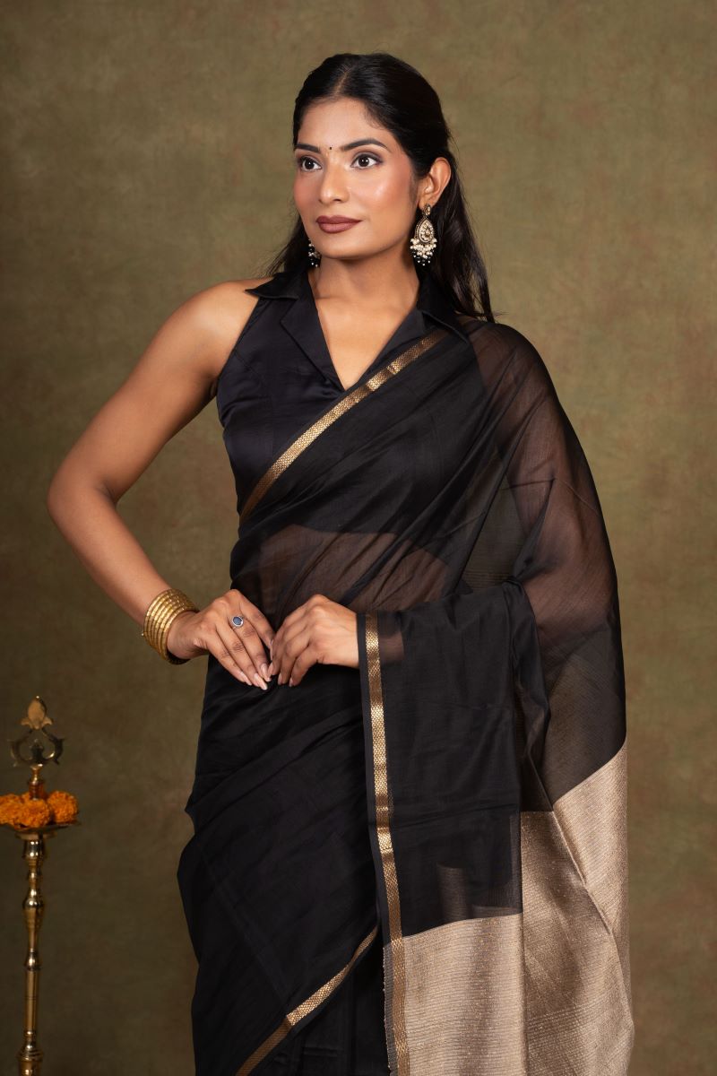 Black Maheshwari Cotton Silk Saree