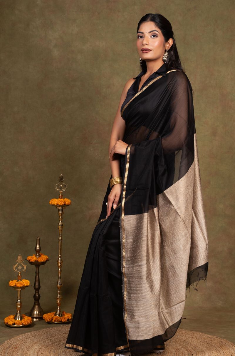 Black Maheshwari Silk Saree