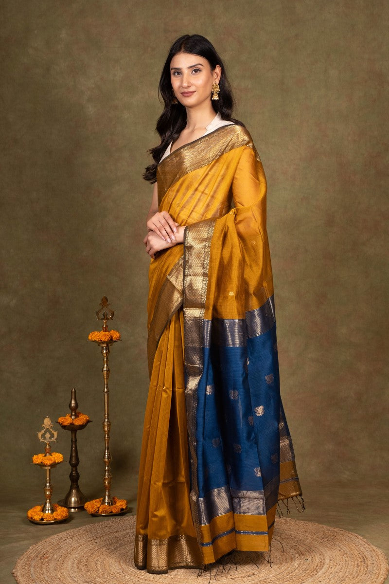 Mustard Maheshwari Silk Saree