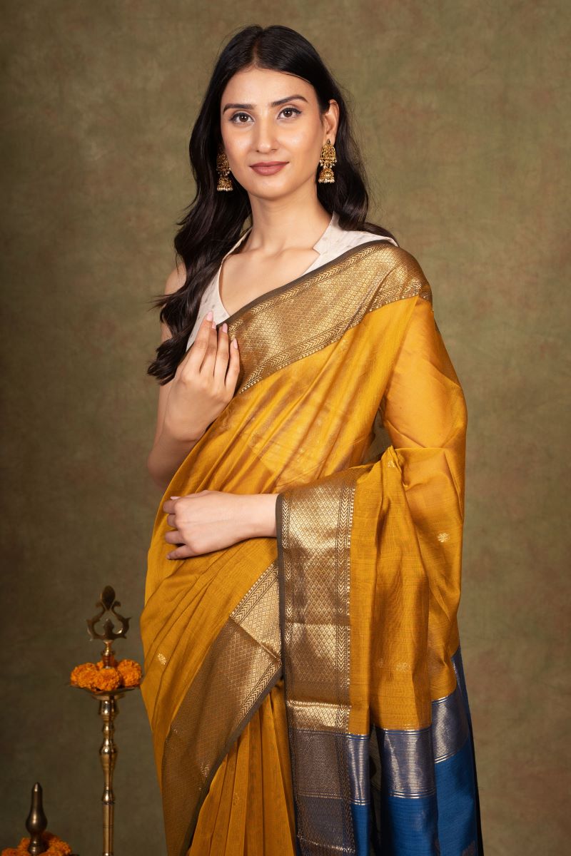 Mustard Maheshwari Cotton Silk Saree