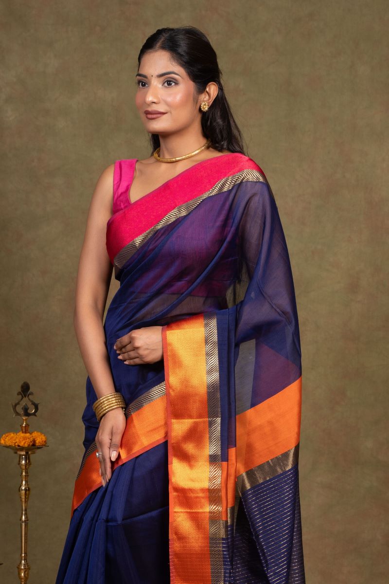 Blue Maheshwari Cotton Silk Saree