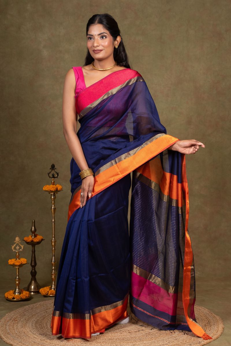 Blue Resham Border Maheshwari Silk Saree